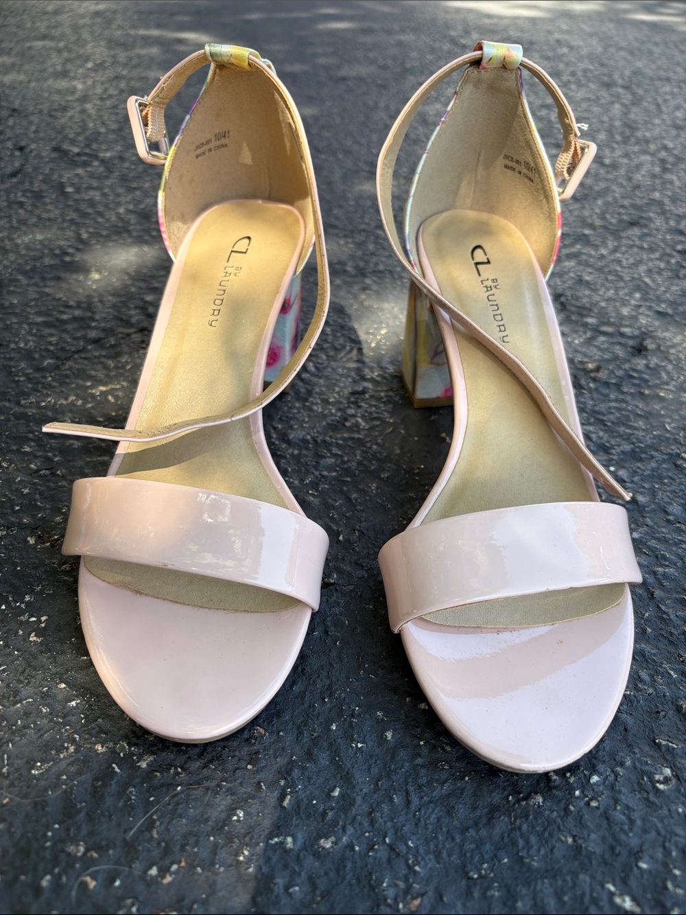 CL by Laundry Blush Patent Block Heel Sandals with Floral Accent